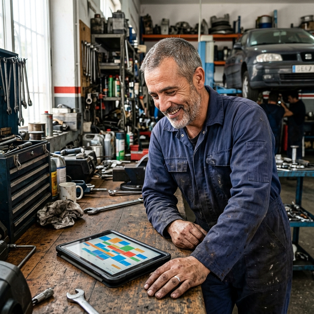 Taller mecánico moderno controlado digitalmente